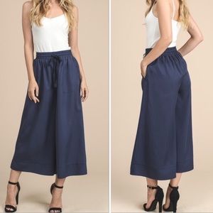🆕NAVY BLUE SILK TENCEL MIDI CULOTTE PANTS WITH SIDE POCKETS & ELASTIC WAISTBAND